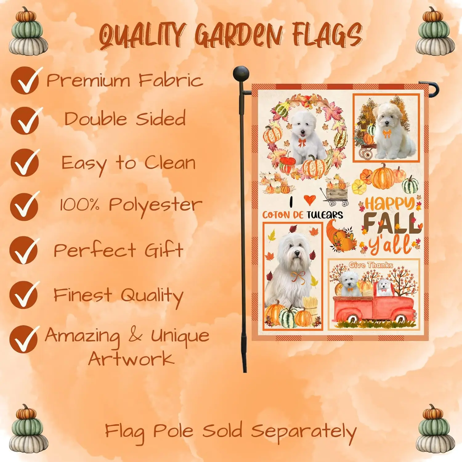 Doggie of the Day Coton De Tulear Dogs Garden Flags - Happy Fall Y'all Pumpkin - Double Sided - Yard Porch Lawn Spring Decor