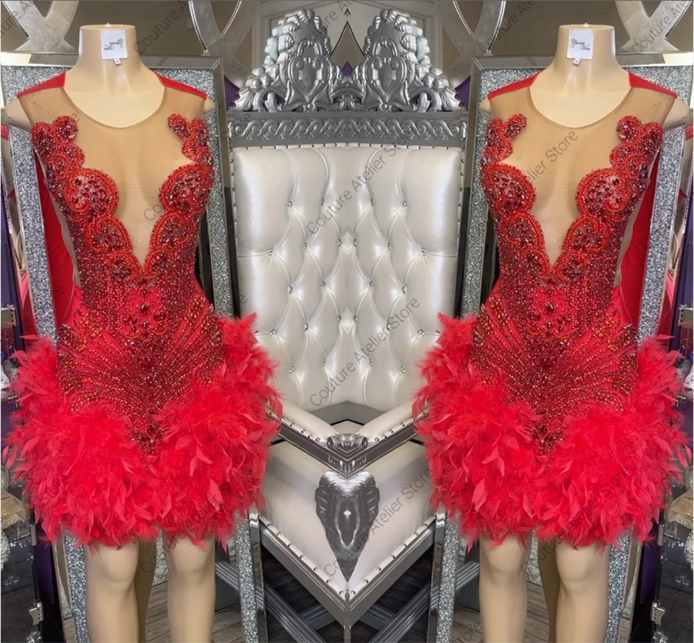 Red O Neck Prom Dress Beaded Rhinestones Feathers Mermaid Homecoming Dresses Black Girl 2024 Birthday Luxury Dress Mini Cocktail