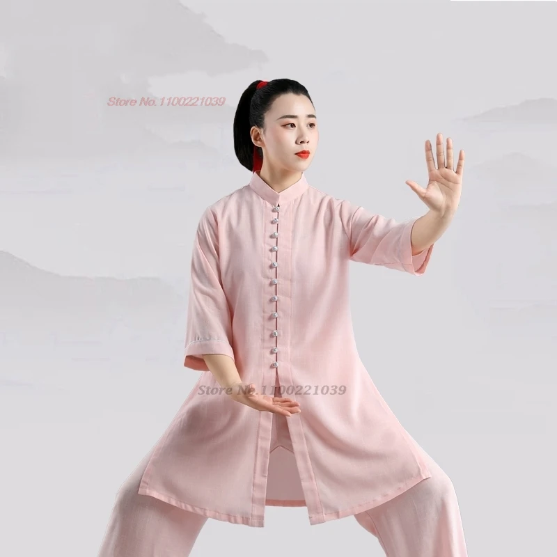 2024 chiński vintage tai chi martail art jednolite bawełniane lniane topy + spodnie zestaw kung fu tai ji trening ćwiczenia wydajność garnitur