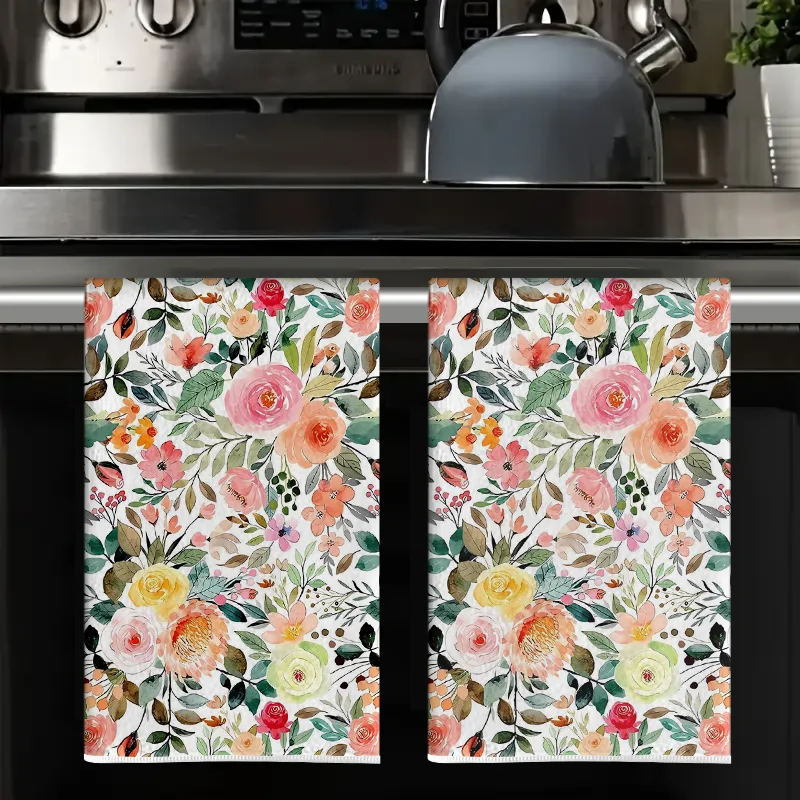 2Pcs, Spring Watercolor Floral Kitchen Towels, 40Cm*60Cm Towel Set, Super Absorbent Soft Cleaning Cloth, Cooking and Baking Tea Towel, Hand Towel, Cleaning Cloth, Dishcloth, Kitchen Decoration, Living Room Decorations, Kitchen Essentials, Home Essentials