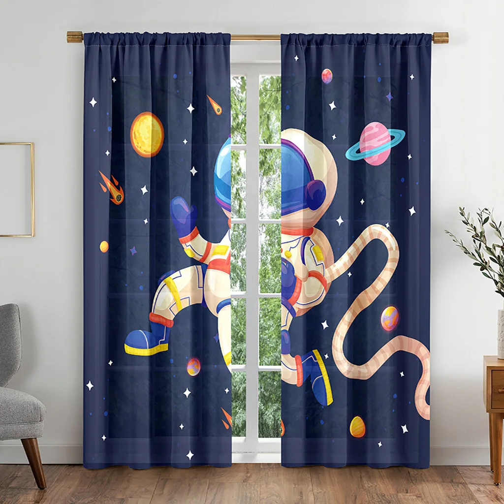 

Cartoon Ready-made Astronaut Spaceman Thin Window Curtains For Kids Bedroom Living Room Bathroom Kicthen Door Hall Cupboard Home