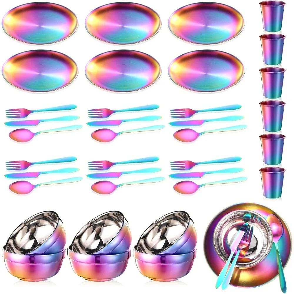 

Посуда из нержавеющей стали, 36 предметов, набор посуды для кемпинга, в комплект из 6 тарелок, мисок, ложек, вилок, ножей, набор столовых приборов