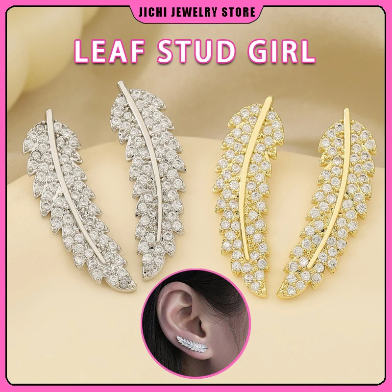 

Metal stud earrings Sparkling Zircon Leaves Ear Cuff Stud Earring for Women Silver Color Cubic Zirconia Earrings Party Jewelry