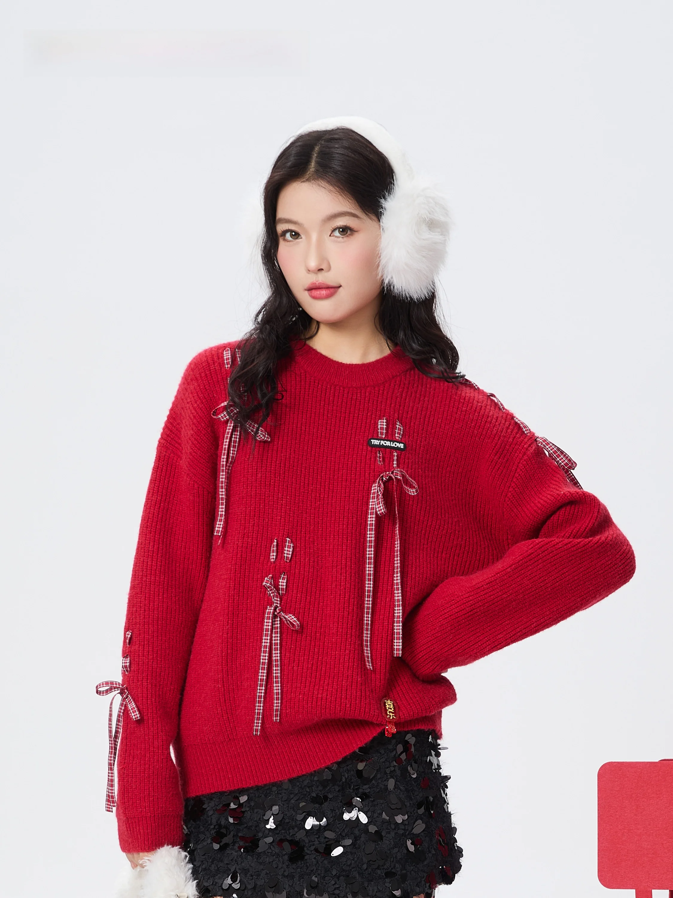 Tryforlove Festive New Year Knitted Sweater Women's Winter New Style Red Robe Drawstring Casual Straight Tube Nylon Blend