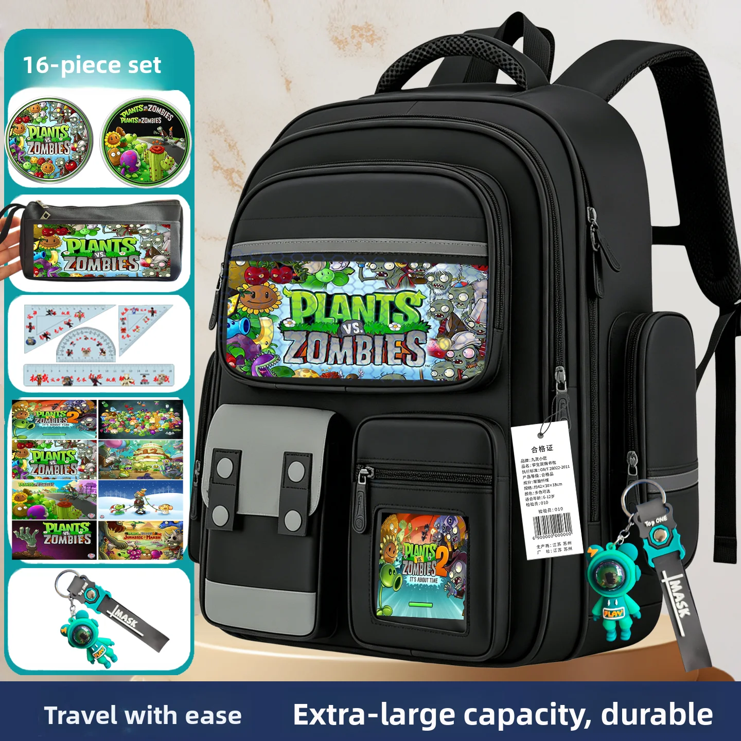 New Plant VS Zombie Children's Backpack Large Capacity Lightweight Unisex School Bag -3 Grade Students Double Shoulder Bag