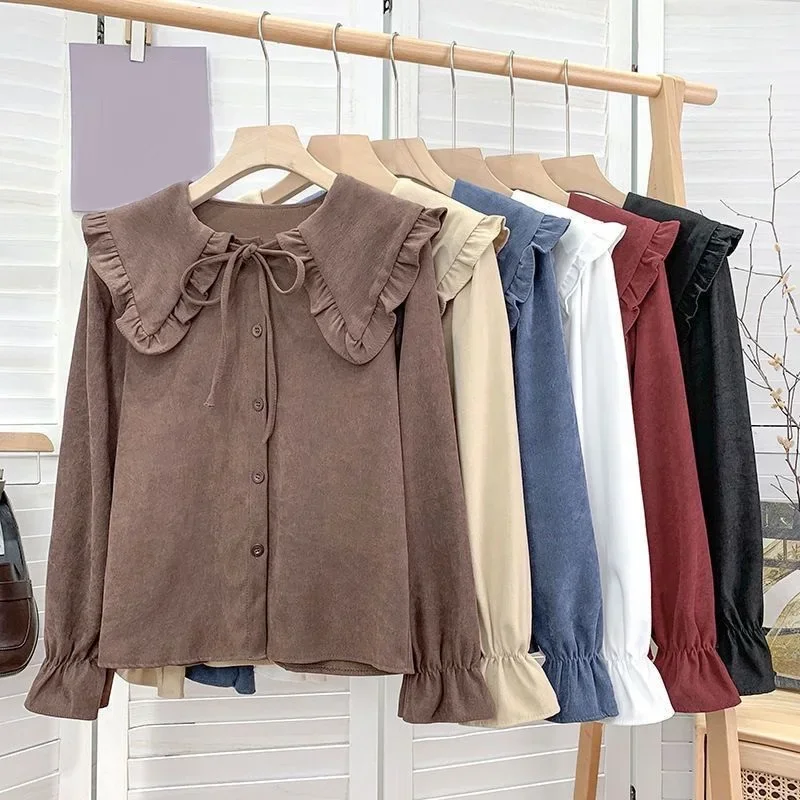 

2024 Spring Autumn Preppy Korean Long Flare Sleeve Peter Pan Collar Shirts Women Blouse Corduroy Tops Student Teenage Girl Shirt