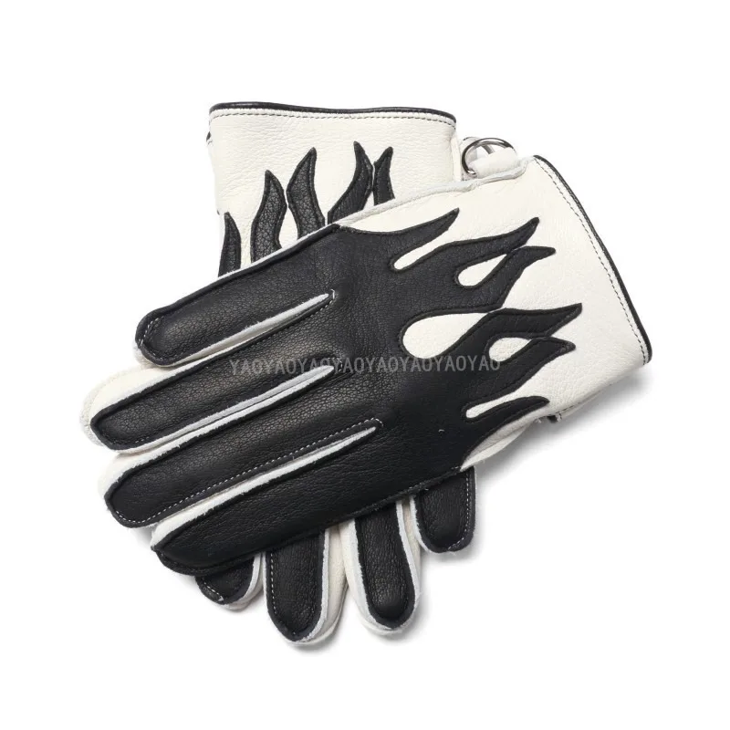 Flame Leather Motorcycle Riding Gloves Deerskin Men's Thermal Thickened Winter Gloves