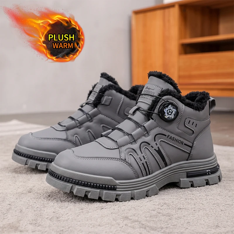 Men Warm Plush Lined High‑top Footwear, Rotating Buckle Lace‑up Thick Rugged Sole Winter Boots For Daily Casual Street Outing