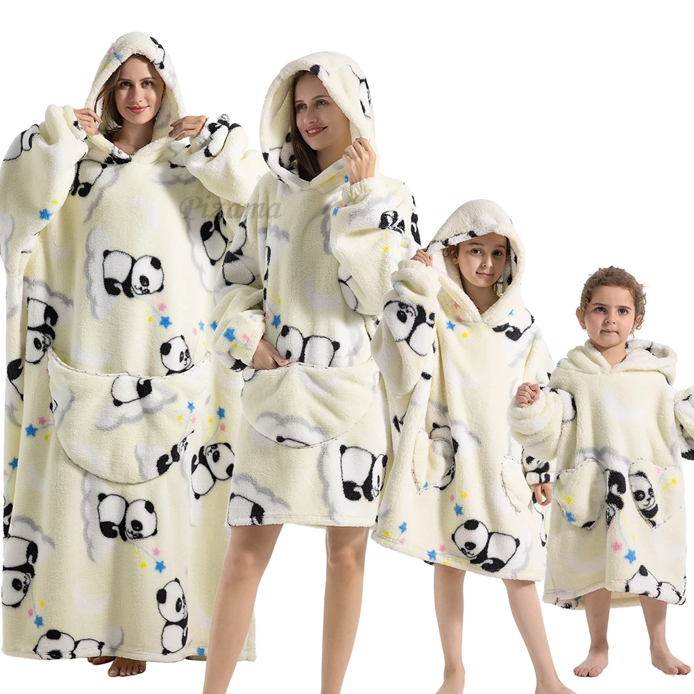 Panda Kigurumi Family Pajamas Children Oversized Hoodies Infantil Pijamas Winter Warm Thick Flannel Wearable TV Blankets Sherpa