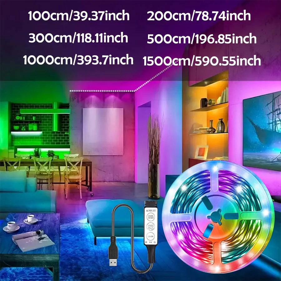 LED light strip with three-button controller, USB powered, adjustable lighting modes, RGB color changing, flexible and cutable,