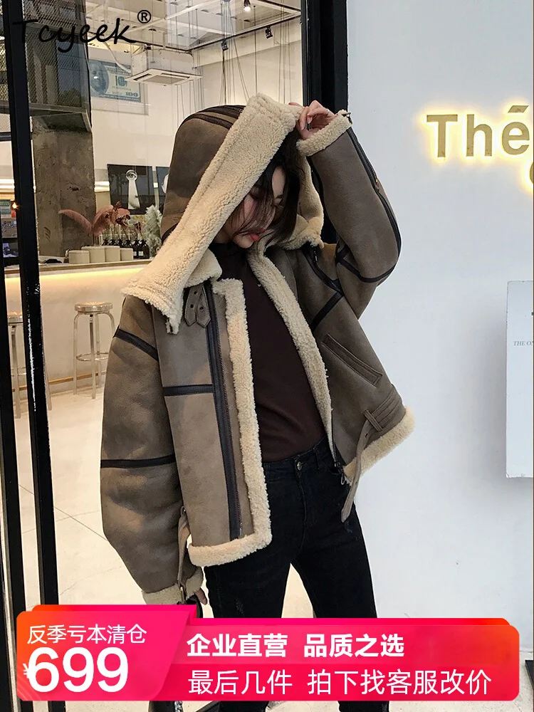 Tcyeek Genuine Wool Autumn Winter High End Trendy Hooded Silmming Stand Collar Women's Wool Shearling Fur Coat Fourrures Femme