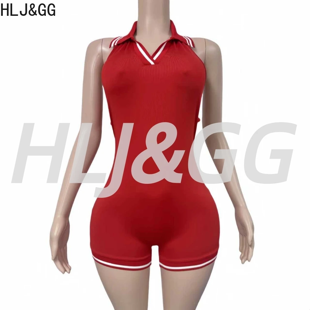 HLJ&GG Summer New Stripe Halter Lapel One Piece Rompers Women Sleeveless Backless Bodycon Jumpsuits Sexy Stretchy Overalls 2025 - Image 5