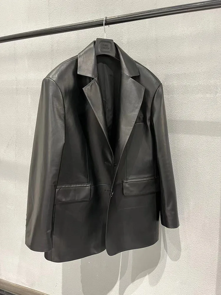 Chaqueta de piel de Oveja Negra para mujer, blazer Vintage de cuero suelto, ropa de calle para mujer, tendencia de moda Coreana de lujo 2023