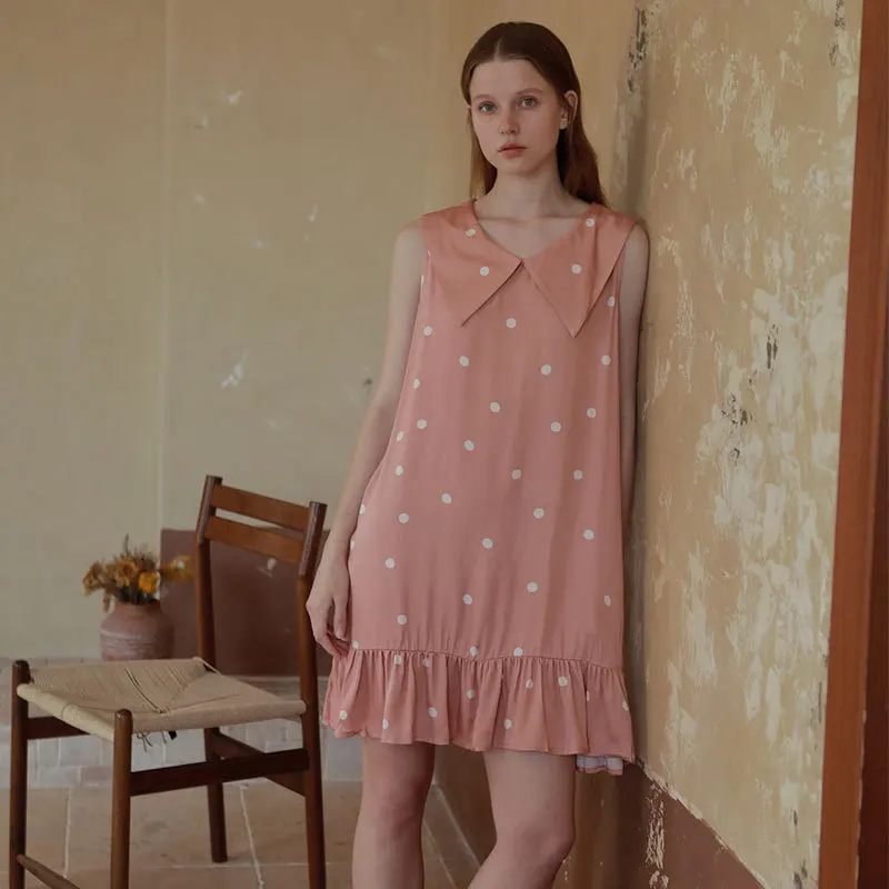 Summer Satin Sleeveless Night Gown Large Pointed Neck Nightdress Viscose Polka Dot Silk Nightgown Women Loose Sleepwear