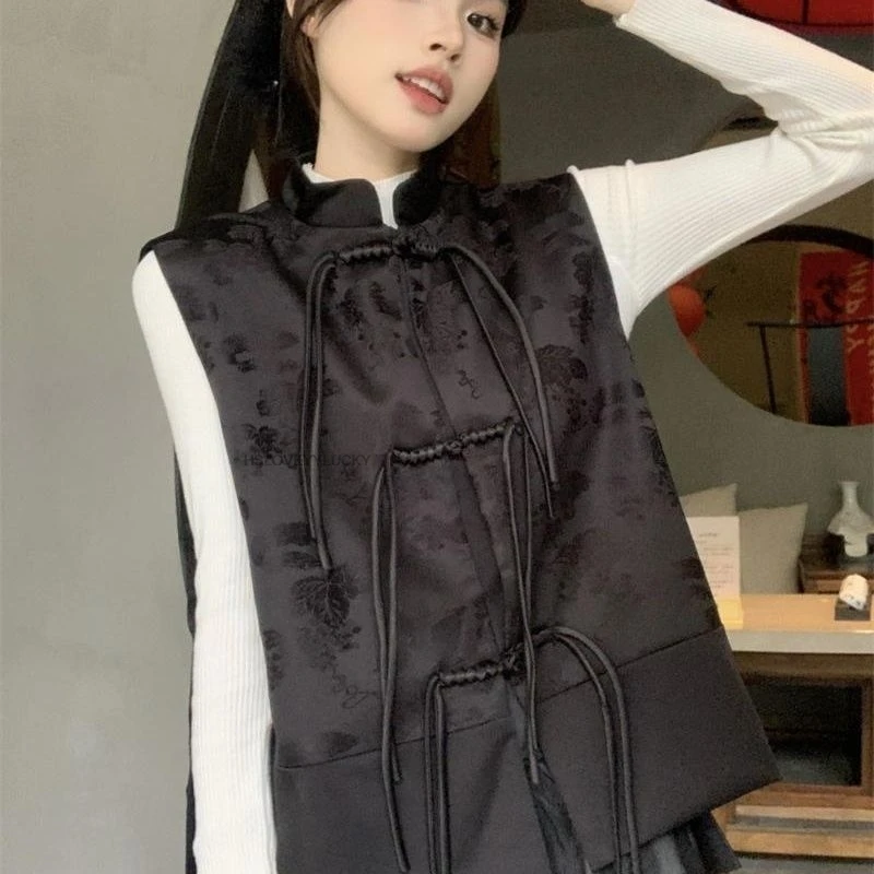Spring New Chinese-Style Retro Tassel Patchwork Frog Button Chinese-Style Fashionable Black Vest Women Vinatge Vest Top