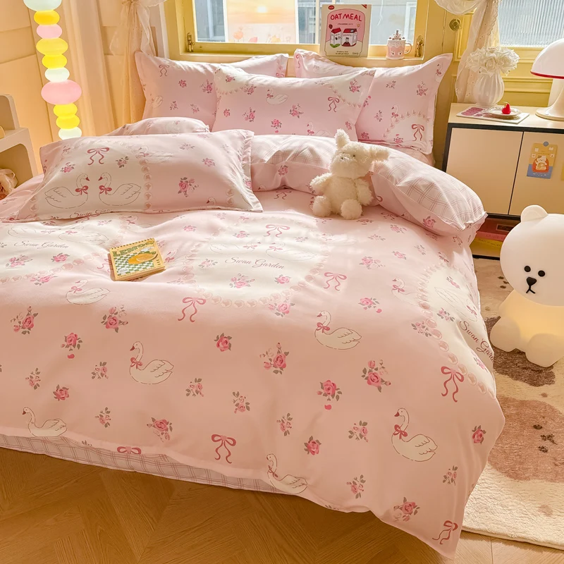 Romantic Rose Floral Duvet Cover Kawaii Cartoon Swan Bedding Set Reversible Quilt Cover + Pink Plaid Flat Sheet + 1/2 Pillowcase