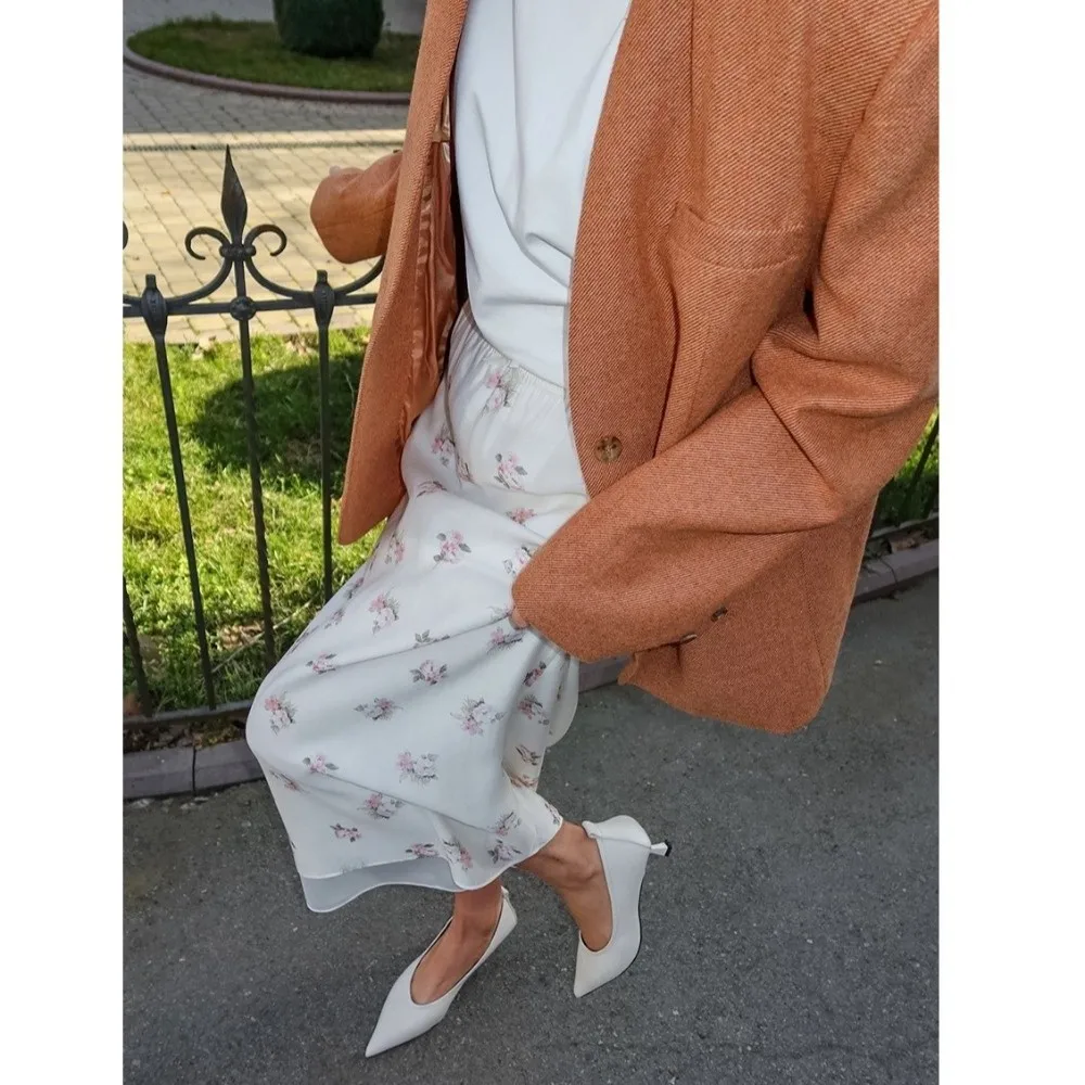 A Line Shape Floral Print Skirt Elastic Waist Light Weave Elastic Waist Skirt Loose Frame Wide Hem Wide Hem Skirt Casual Trip