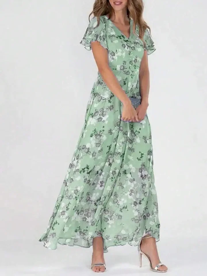 Floral Chiffon V Neck Ruffle Maxi Dress