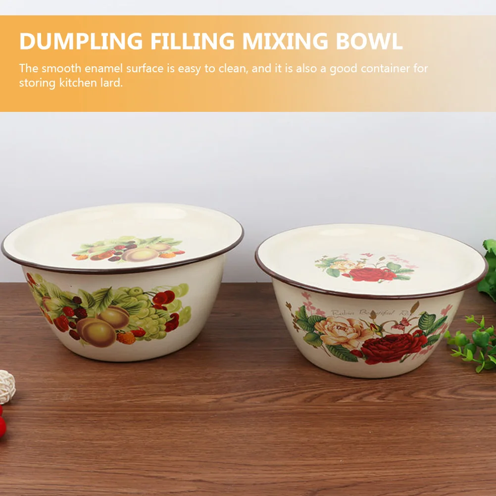 

Enamel Storage Bowl Vintage Basin Lids Large Capacity Kitchenware Batter Mixing Dumpling Filling Soup Lard Oil Container Retro