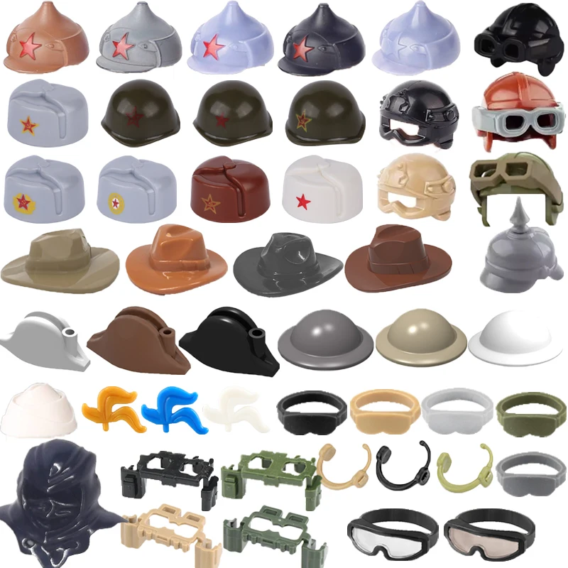 WWII Building Blocks Accessories Figure Soldier Soviet Army Helmet Toy Hat Mini Brick Goggles Cape Fringe Belt Gift Toys K048