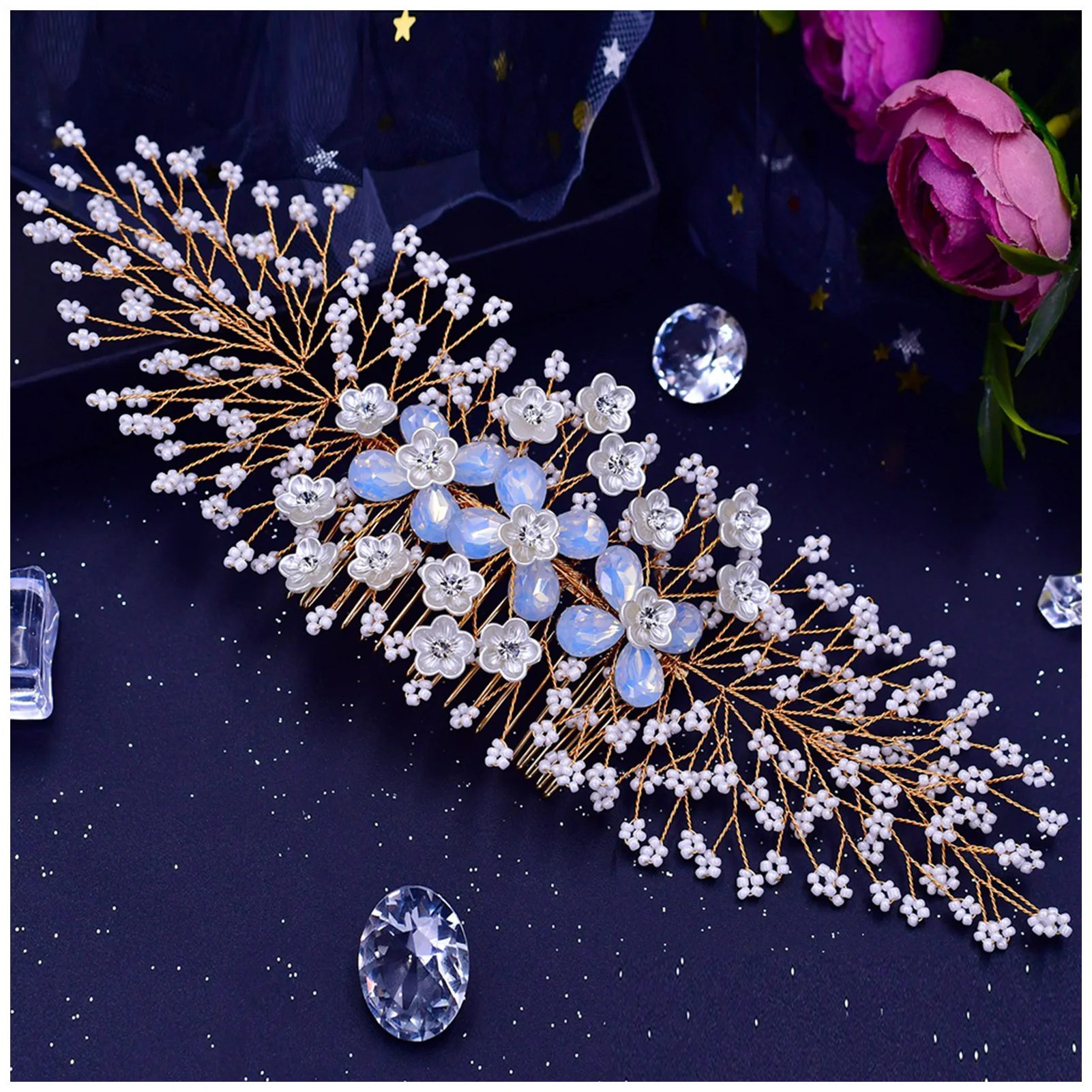 Women's Hair Comb Headpiece Handmade Gold Comb Barrette with Rhinestone for Banquet Wedding Gown Silver Hair Clips FS99