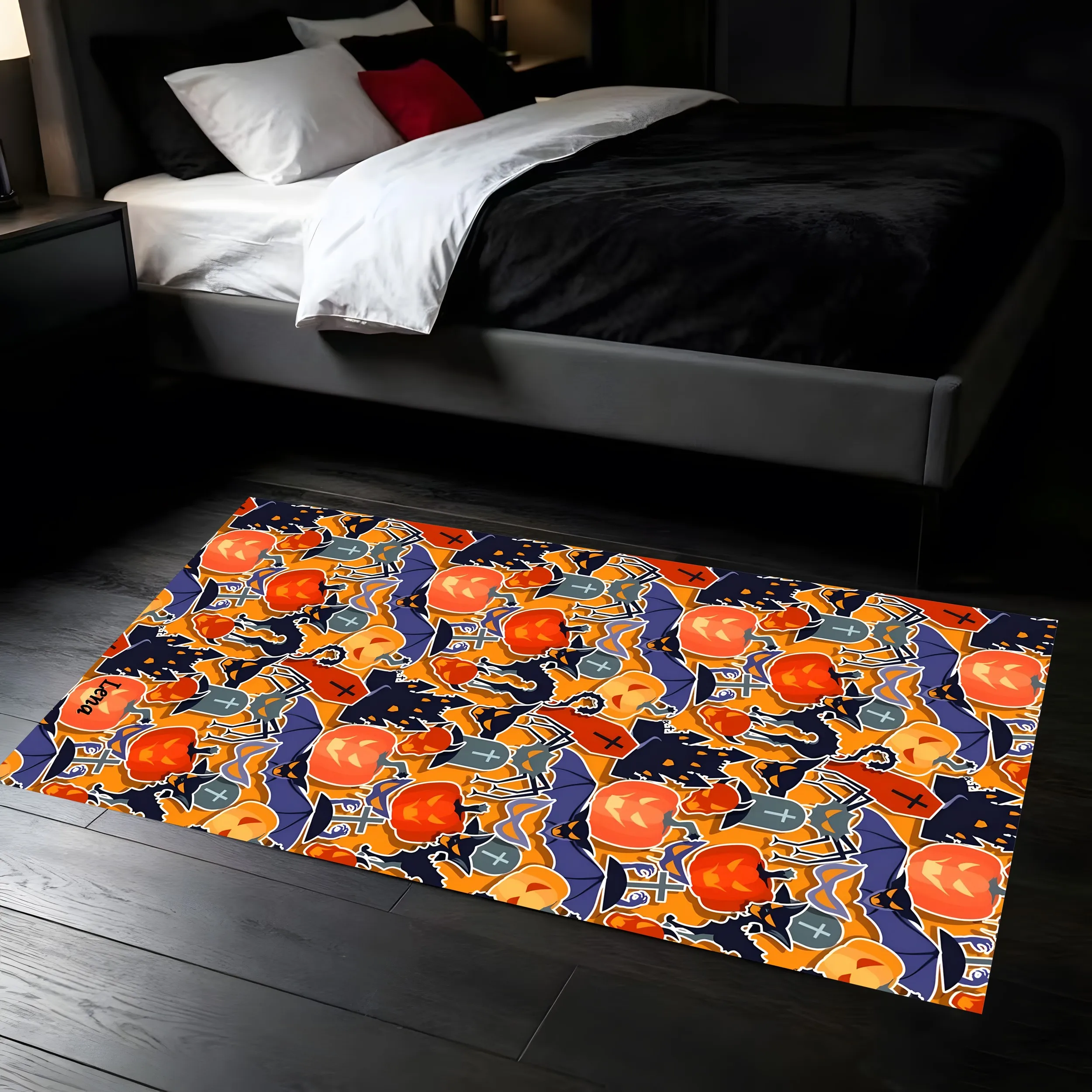 2D Large Area Rug 2D Carpet with All over Print of Pumpkins, Black Cats, Witch Hats, Halloween Elements, Quirky Cartoon Style,.