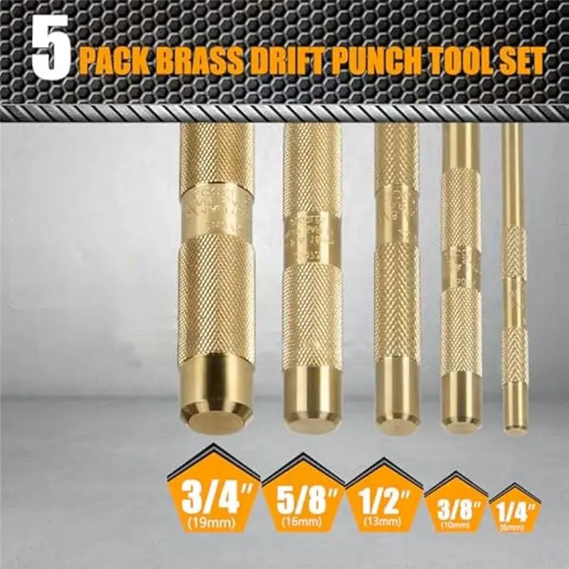 A98E-Brass Drift Punch Tool Set 5 Piece With 1/4 Inch, 3/8 Inch, 1/2 Inch, 5/8 Inch, 3/4 Inch Brass Drift Punches
