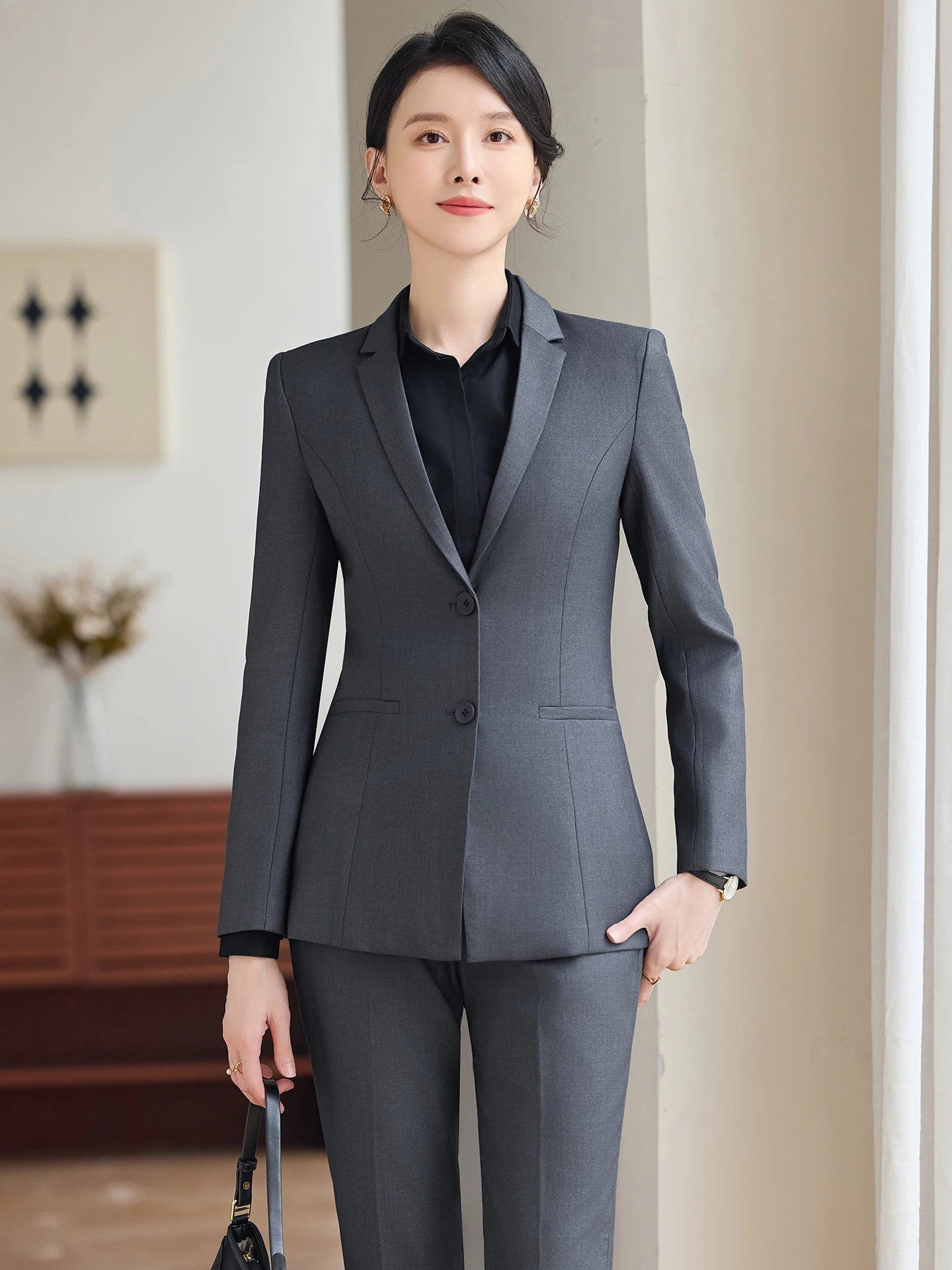 Grey Suit Set for Women 2026 New Spring Commute Professional Work Uniform High End Career Outerwear Long Sleeve Polyester Blend