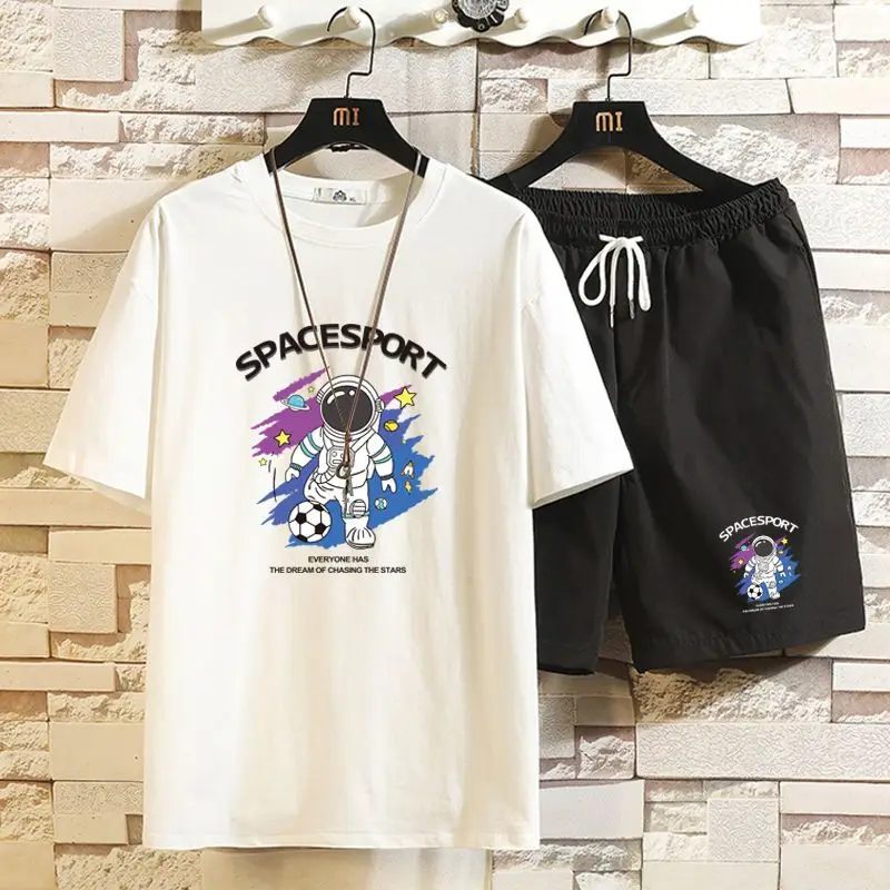

Set T-shirt Five-point Pants Set Men's Summer Tide Brand Astronaut Five-point Half-sleeved Large-size Couple Two-piece Set