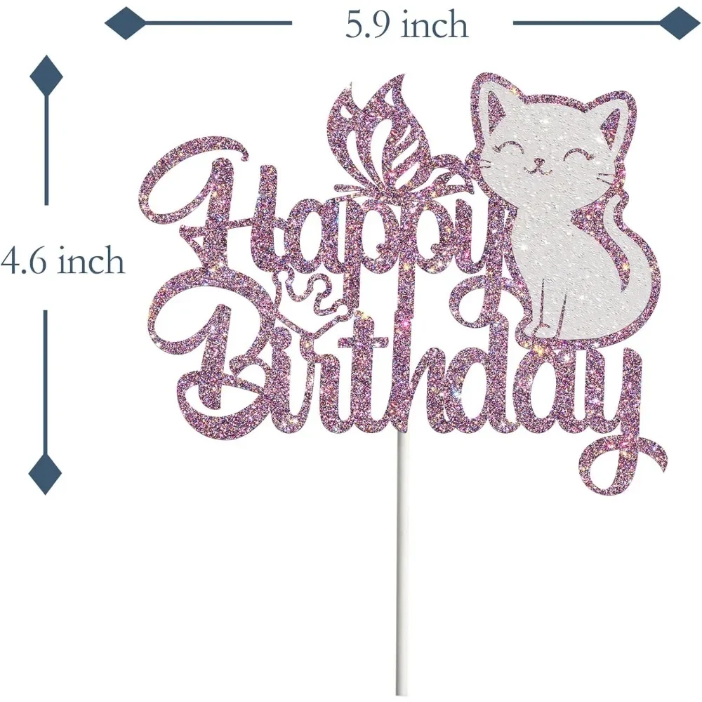 Purple Sparkling Cat Happy Birthday Cake, Butterfly Cake, Kitten Pet Theme Birthday Cake, Party Decoration