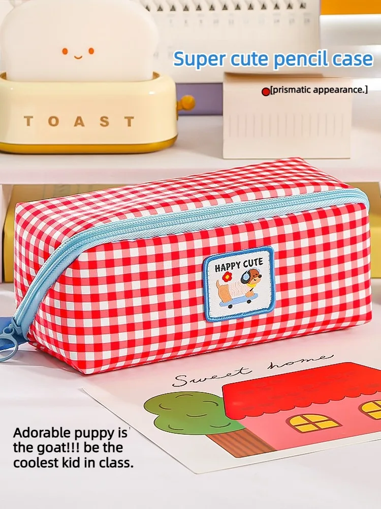 Niedliches kariertes Cartoon-Etui mit Apfelmotiv, großes Fassungsvermögen, Schreibwarentasche, ästhetisches Stiftetui für Schüler, Schule, Bürobedarf – Detail 10