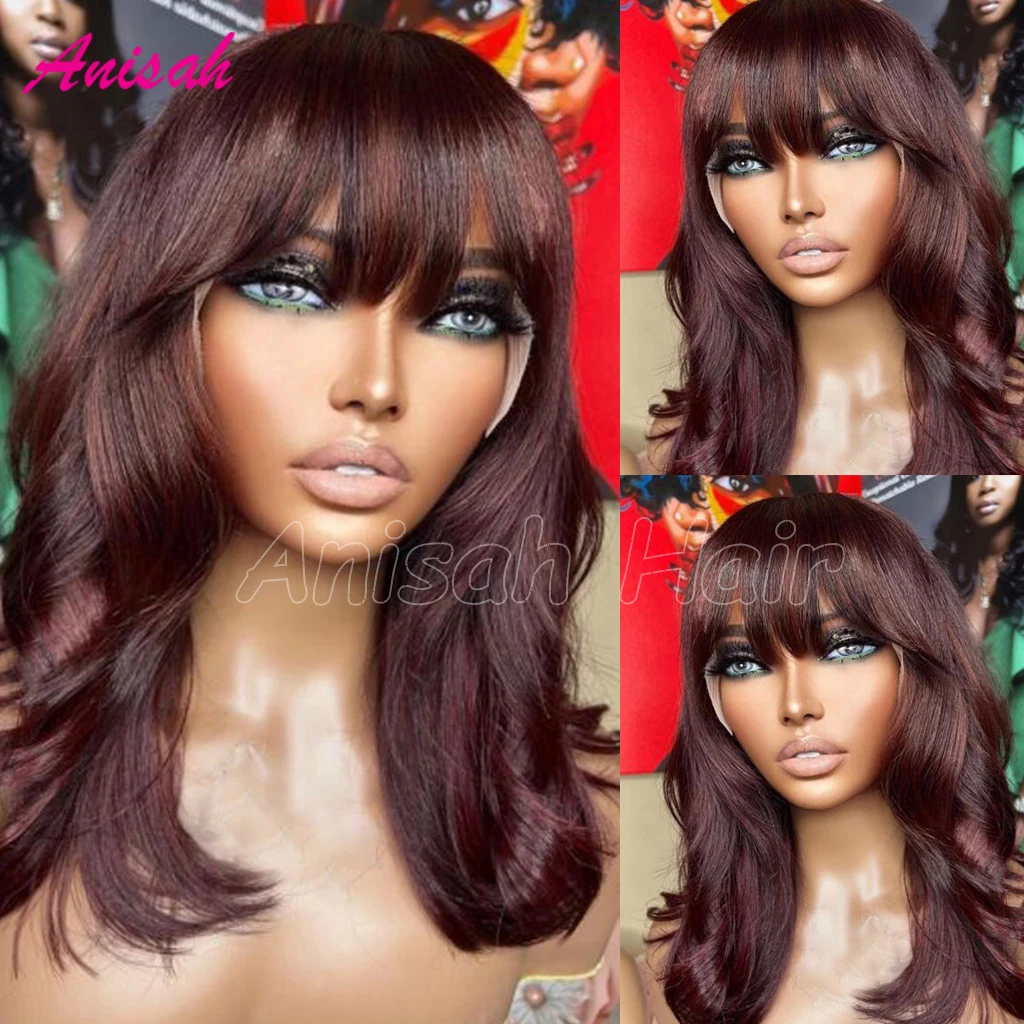 

Brazilian Raw Hair Short Bob Cut Human Hair Wigs With Bangs Wavy Glueless Colored 99J Burgundy Lace Front Wigs for Women