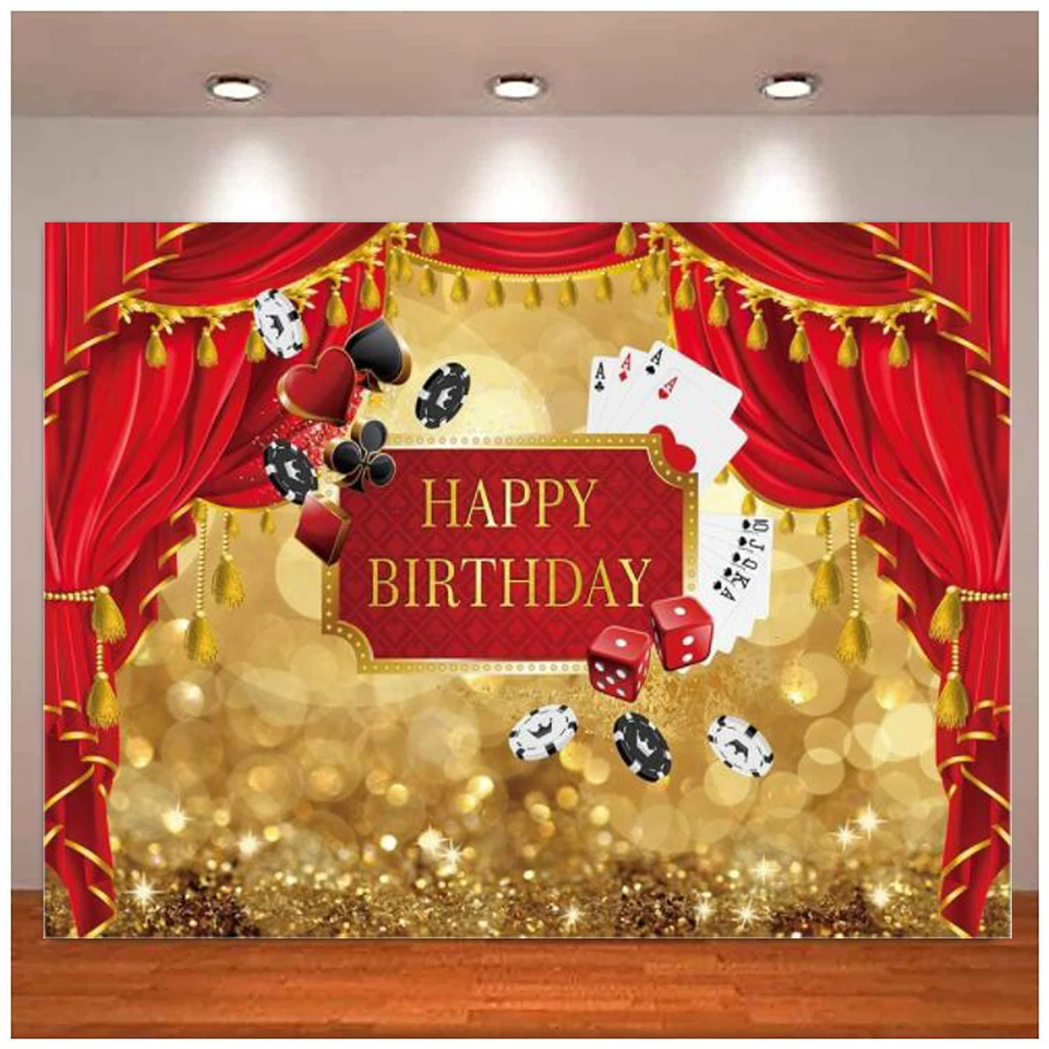 Happy Birthday Photography Backdrop Royal Casino Golden Bokeh Glitter Background Red Curtain Poker Party Decorations Cake Table