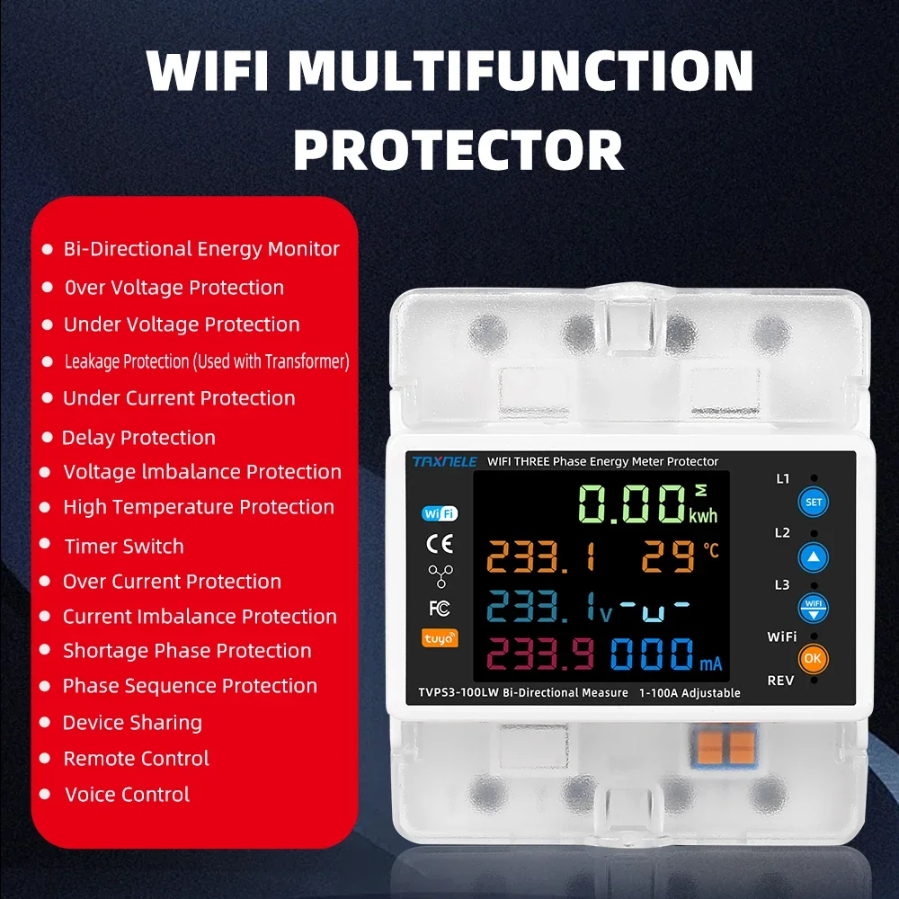 3P 100A Tuya WiFi Smart Bi-Directional Energy Power kWh Meter Leakage Over Under Voltage Protector Relay Switch Current Limit