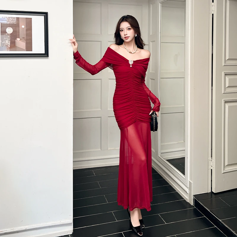 가을 블랙 레드 패치워크 메쉬 V넥 긴팔 섹시 클럽 드레스 여성 우아한 오프숄더 휴가 플리츠 랩 힙 드레스