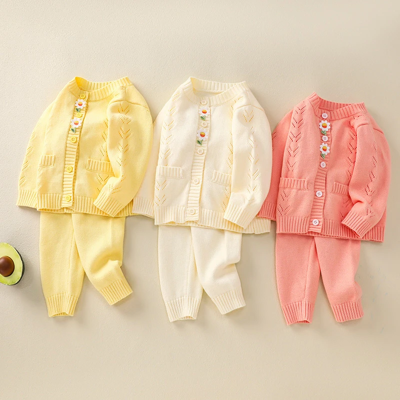 Newborn Baby Sweater Set Autumn Winter Round Neck Long Sleeved Knitted Cardigan Pants 2Piece Suit Girls Clothes