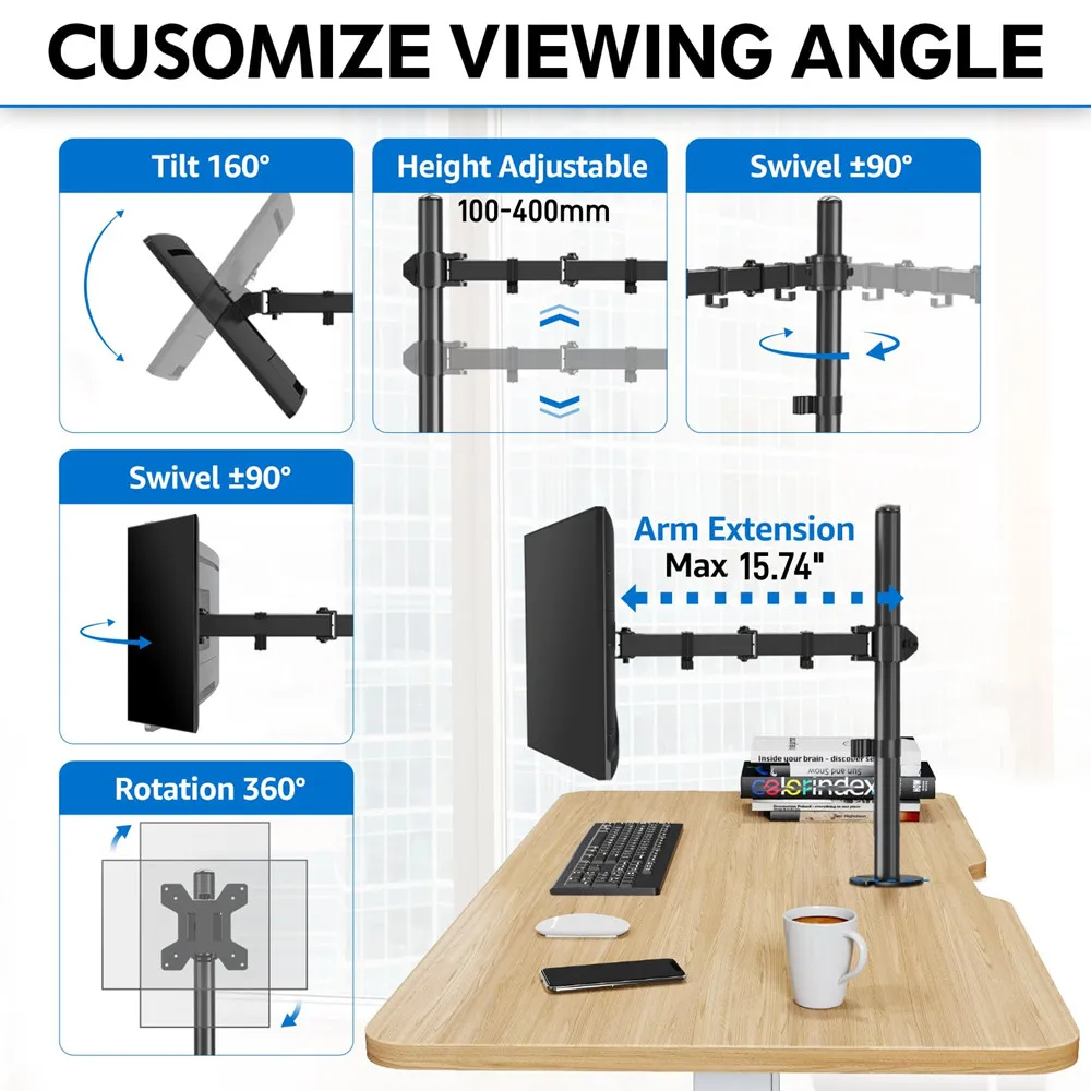 Imagem -02 - Suporte do Braço do Monitor Totalmente Ajustável Montagem de Mesa Única Suporte do Monitor com Braçadeira e Base do Grommet Vesa 75x75 mm 100x100 mm