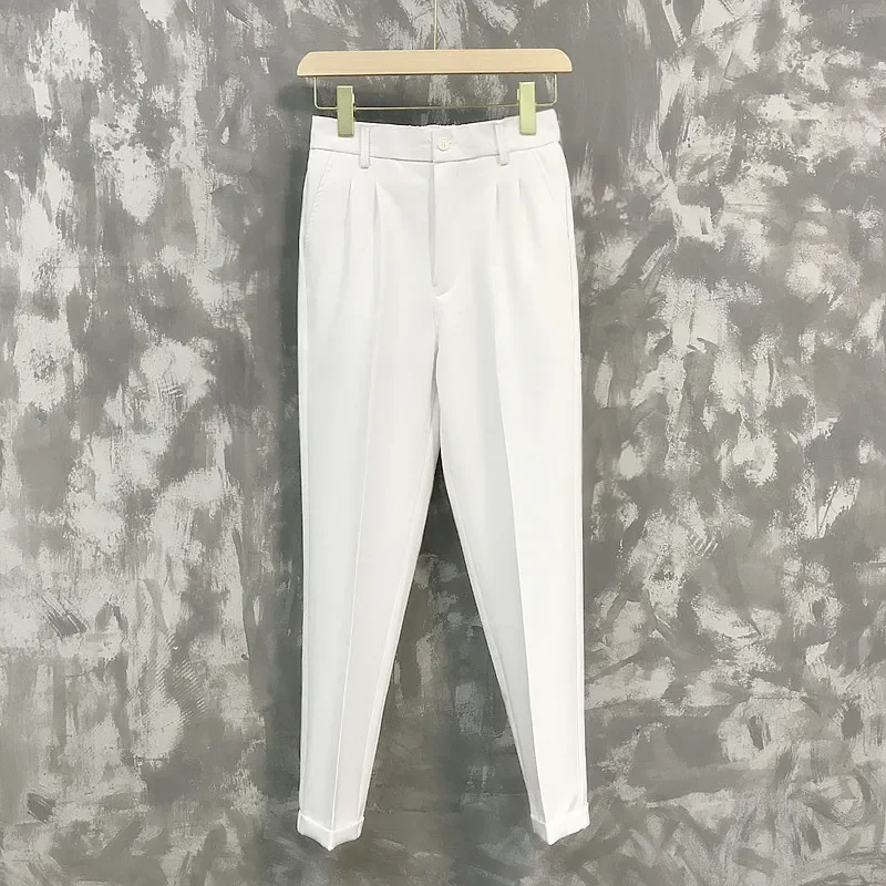 ICOOL Summer Non-iron Nine-point Men's White Smart Casual Trousers Ice Silk Drape Suit Pants, Men's Korean Version Of High Feet