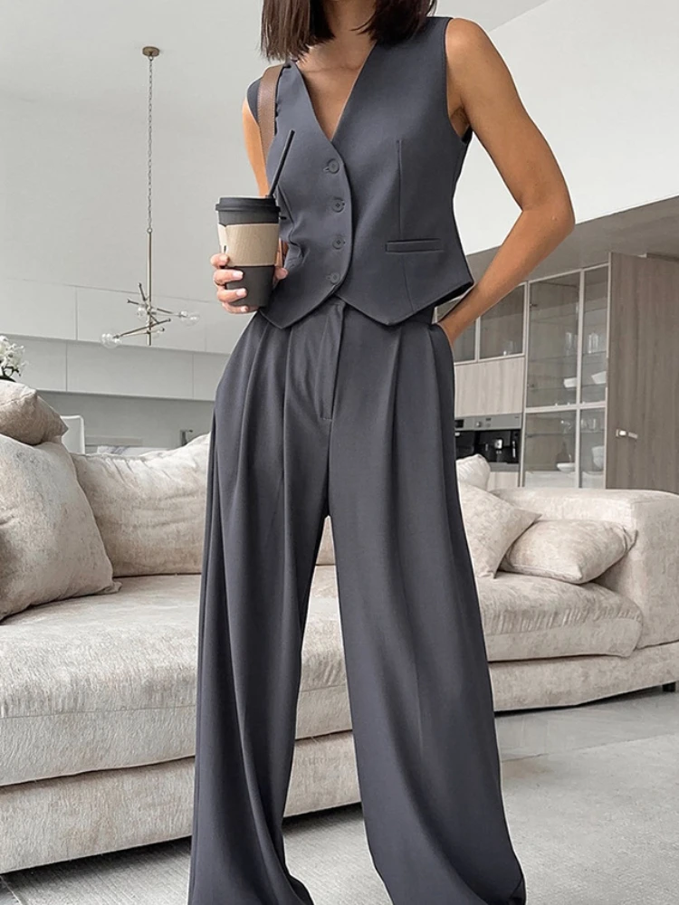 2024 Spring Summer Blazer Tank Long Pants Women\'s Suit Sleeveless V-neck Buttoned Vest High Waist Pant Lady Commuter 2-piece Set