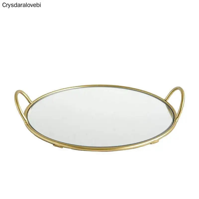 

Round Brass Handle Storage Tray Home Mirror Storage Tray Entrance Cosmetic Jewelry Glass Plate Food Photo Tray Photography Props