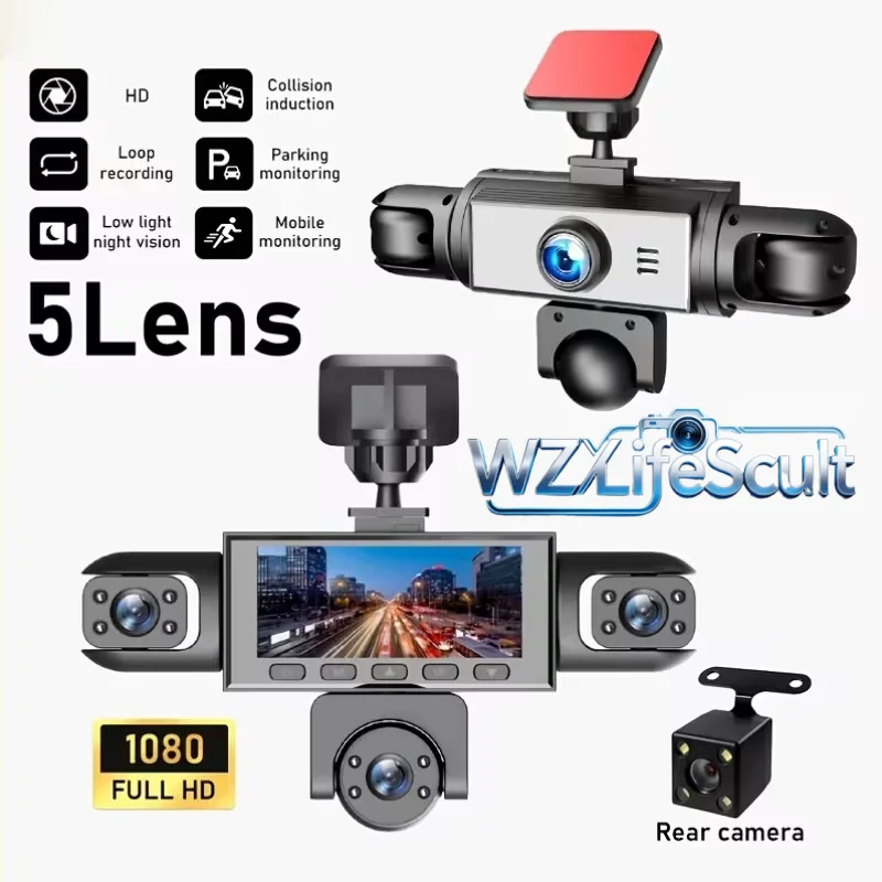 Panoramic 5-Camera 1080p HD Ultimate Safety Dashcam Kit, 1080p Front & 720p Surround Coverage, Four-Screen Display, HD Night Vision, WDR, G-Sensor, Loop Recording – Car Accessories/Dashcams/Christmas Gifts, 24-Hour Parking Mode