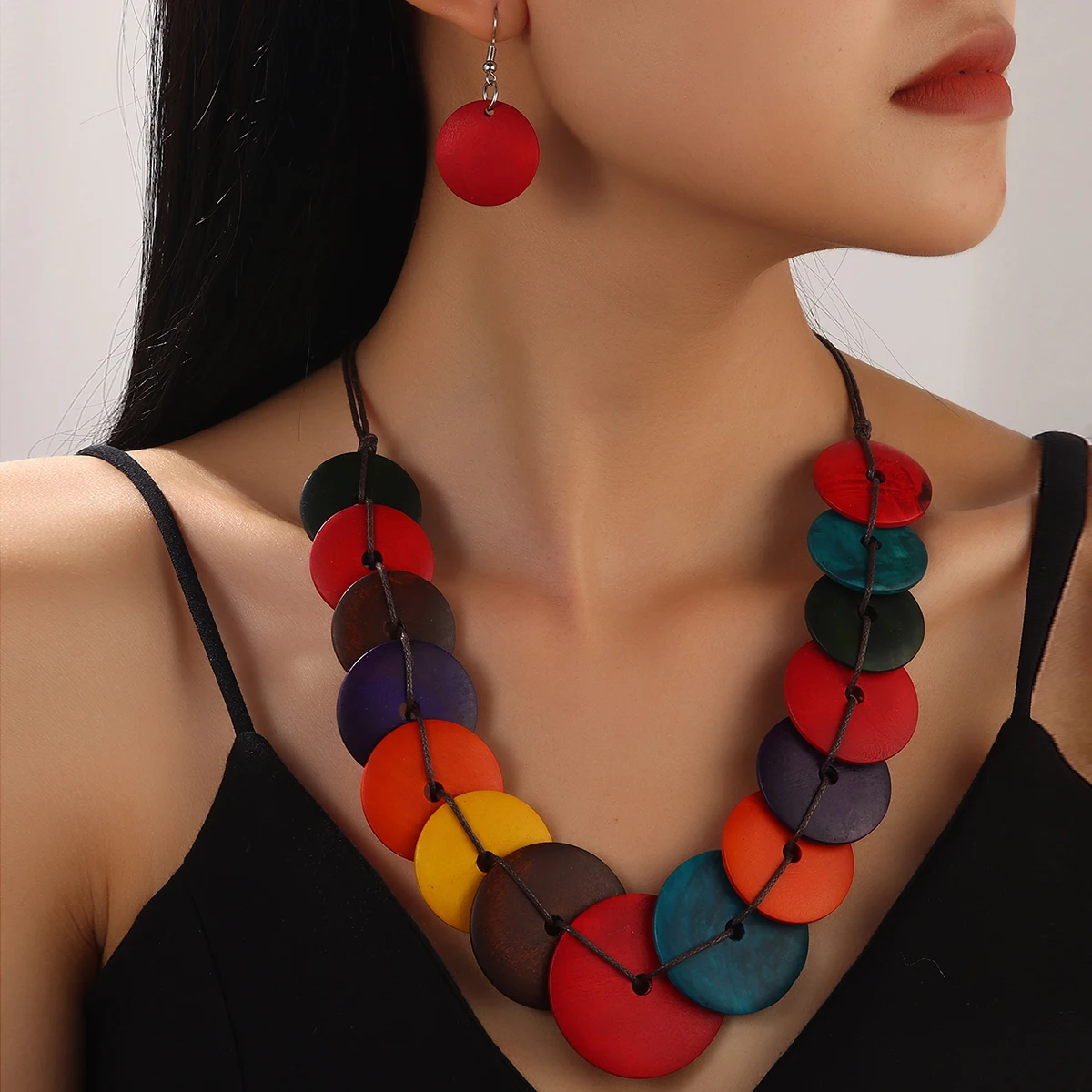 2024 Trendy Jewelry Set Bohemian Colorful Wood Beads Hand Woven Adjustable Necklace Earrings Women's Vacation Accessories
