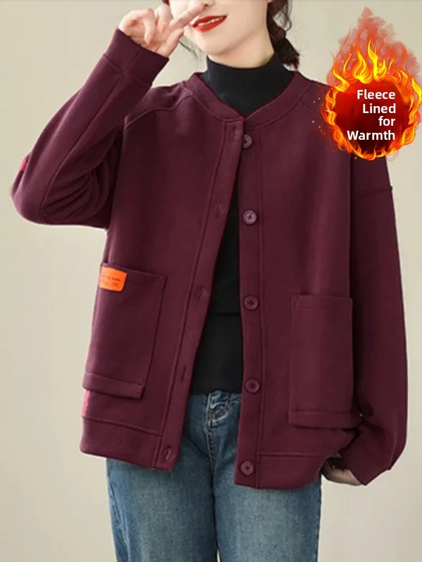 

Thickened Pure Color Silver Fur Warm Outerwear Large Size Women's Long Sleeve Button Stand Collar Fleece Lined Open Cardi...