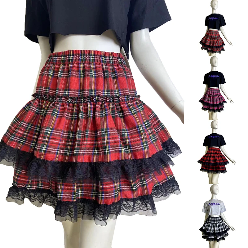 Y2k Style Girl Elastic Waist Pleated Midi Skirts Female Plaid Ruffles Single Layer Lace Mini Skirts Summer A-line Sexy Clothes