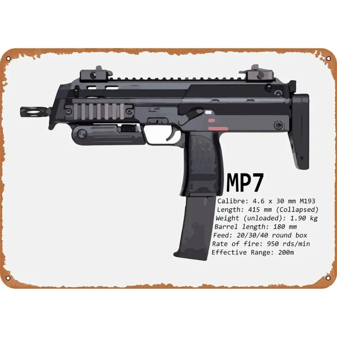 12x8 Inch Military Fan Gift MP7 PDW Sub Machine Gun Metal Wall Decor for Man Cave Pub Bar