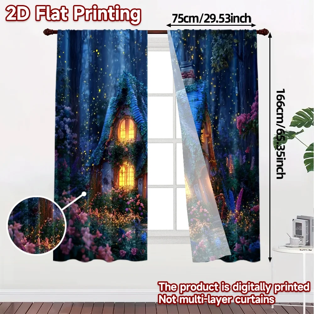 2pcs, 2D FLAT PRINTING Curtains (Without Rod) FairyCottageNight Popular Fashionable Curtains Durable 100% Polyester Fabric