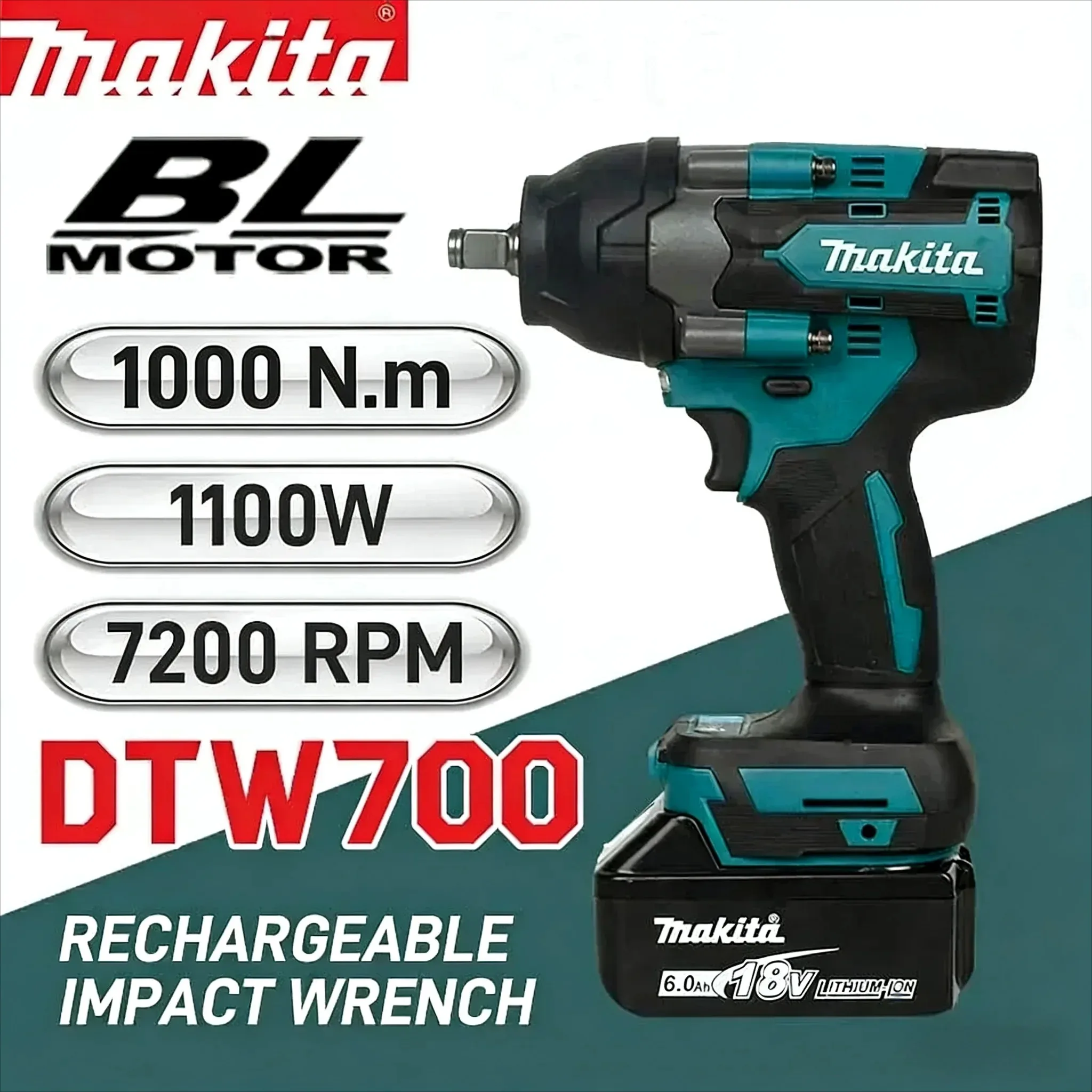 Makita DTW700 Brushless Cordless Electric Wrench 1000Nm Variable Speed Power Tool with Auto Stop for 18V Battery Pack