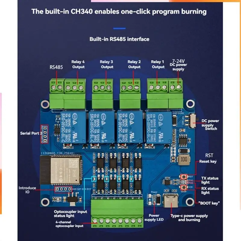 

A92Z 7-24 В TYPE-C ESP32 RS485 Modbus 4-канальный релейный модуль со встроенным CH340, Wi-Fi и Bluetooth