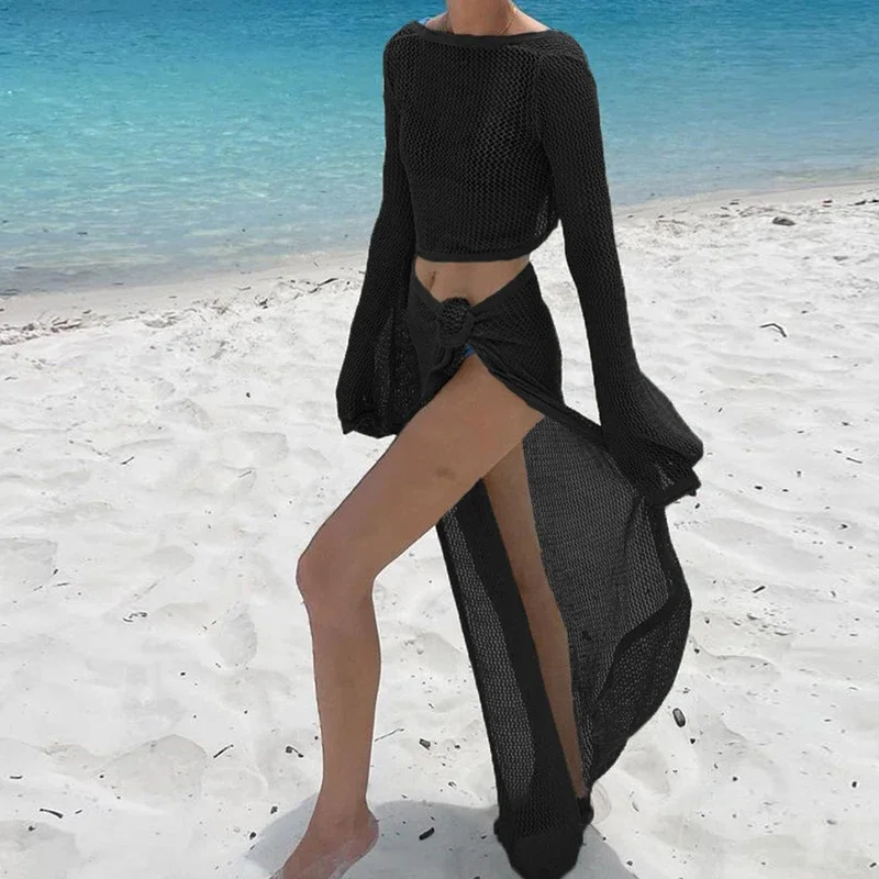 ถักแขนยาว Bonds Top One piece กระโปรงผู้หญิงชายหาดบิกินี่ Cover Up อาบแดดดูผ่านครีมกันแดด Smock