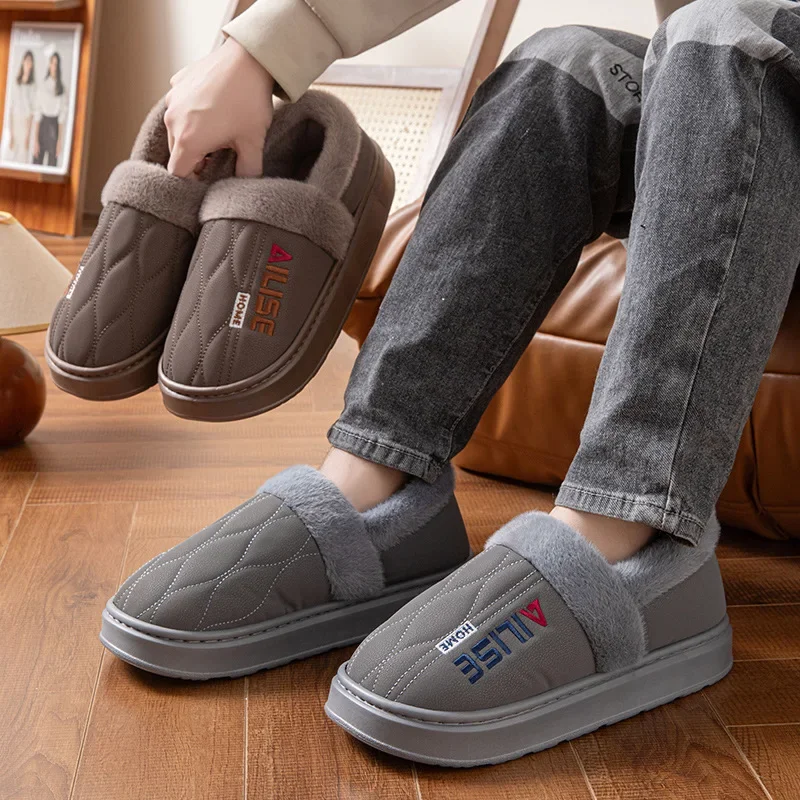 Men Winter Big Size Slippers Waterproof Thick Sole Plush Lined Non Slip Outdoor Wear Fleece Fuzzy Warm House Soft Shoe Cozy Home